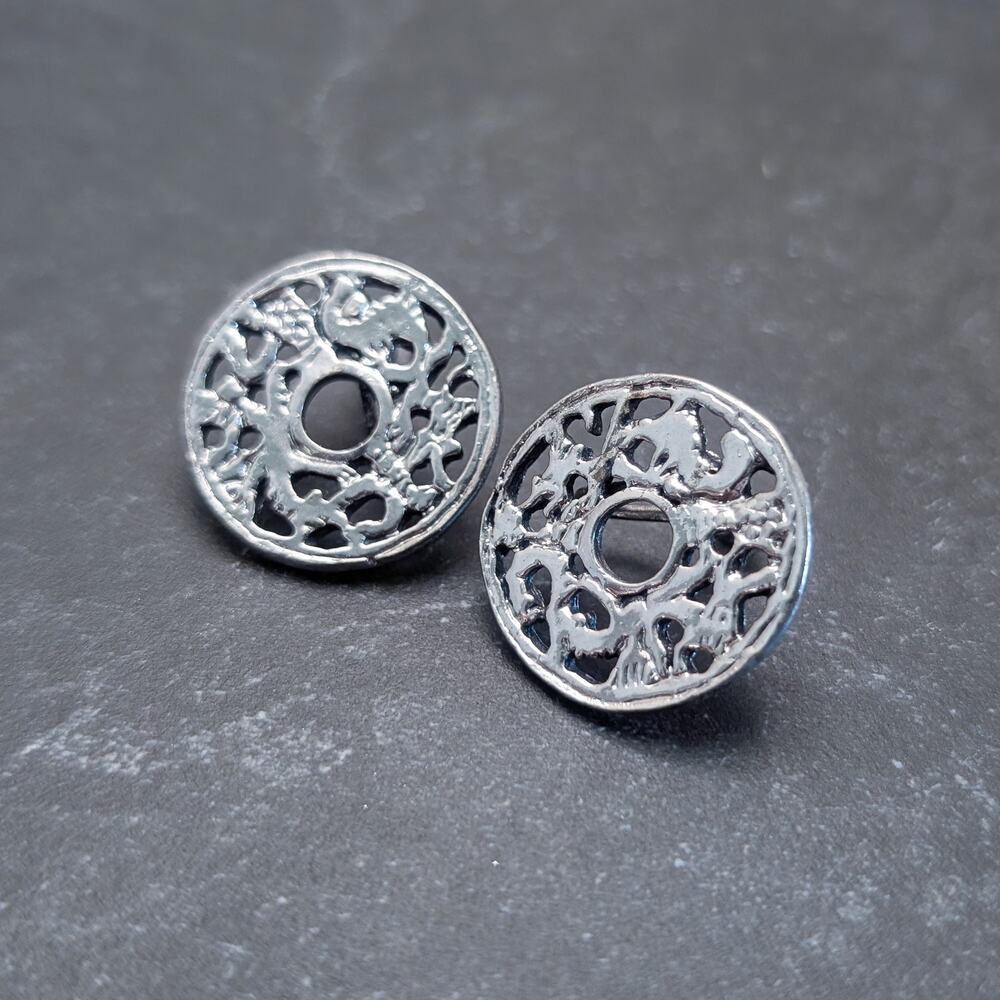 Vintage Screw Back Earrings - Silver Tone Patterned Circle Statement 1"